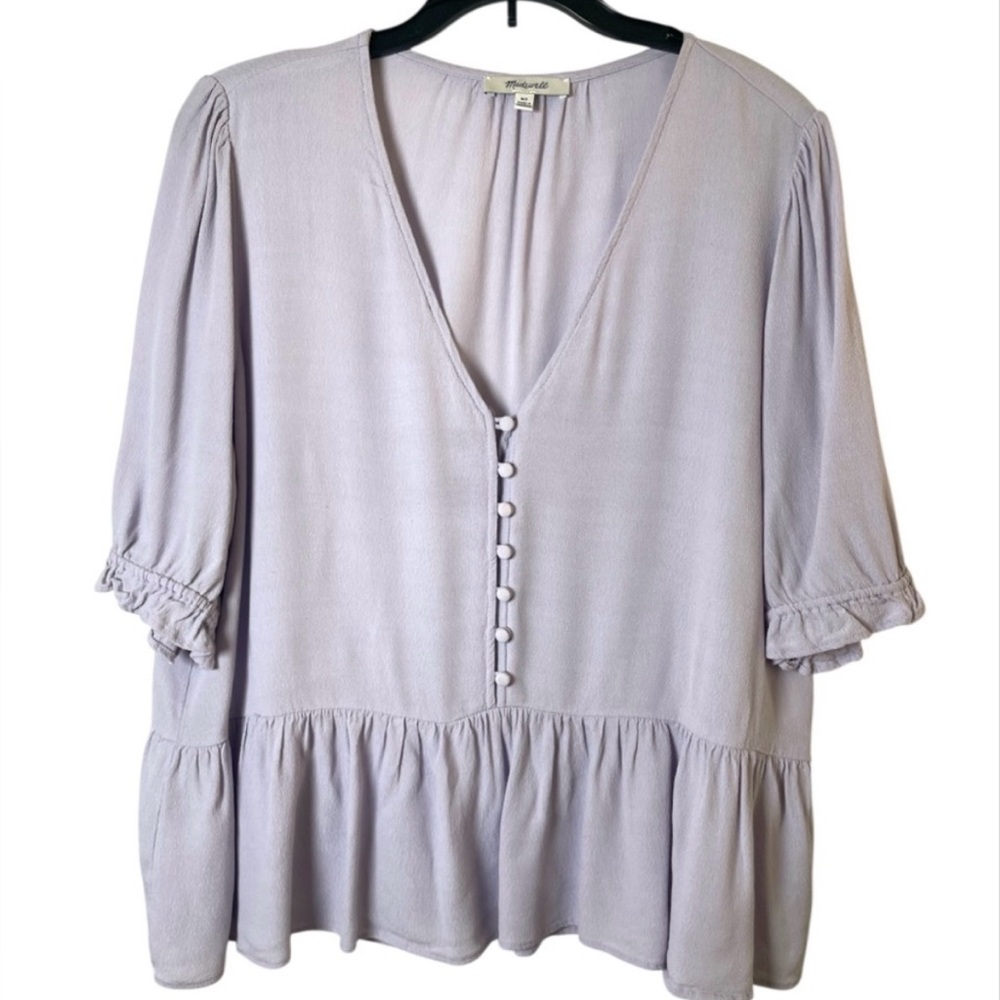 Madewell Women’s Ruffle Hem V-Neck Blouse Lilac Pastel Button Front Feminine